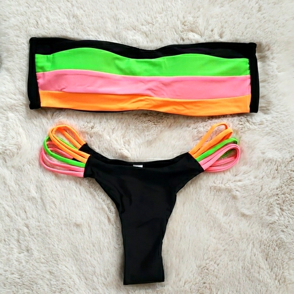 Colorful Panels Bandeau Top Thong Back Bikini Set - Picture 5 of 7